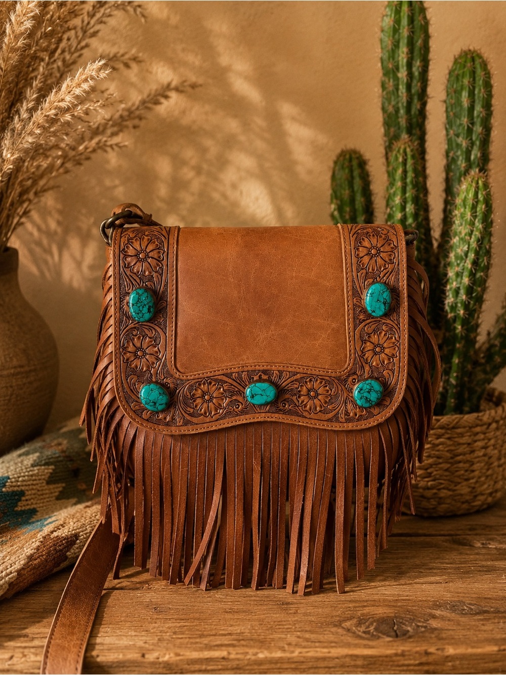 Loyal West - Boho Fringe Crossbody Bag with Turquoise Accents - - Picture 3 of 5